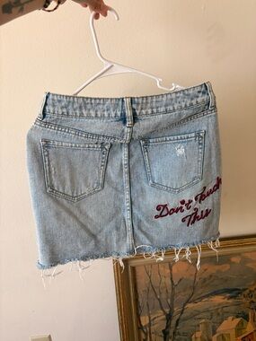 PacSun Light Blue Denim Mini Skirt with Red Script Embroidery